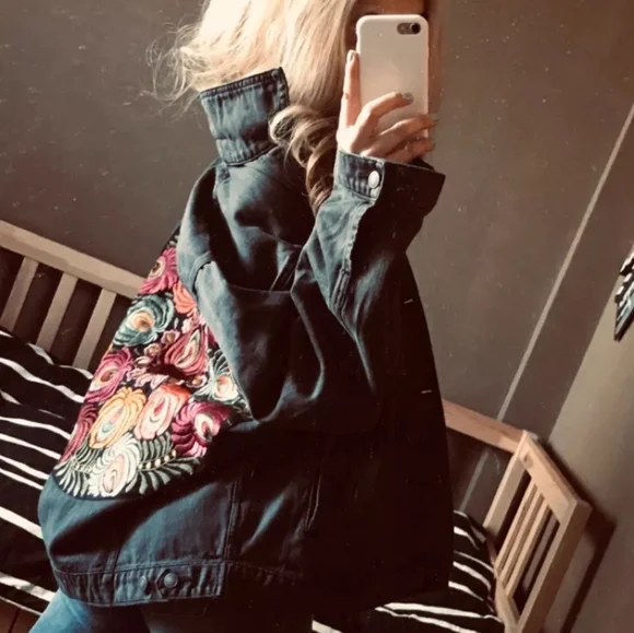New Boho Embroidered Patch Denim Jean Jacket Oversized Coat Black - Picture 10 of 12